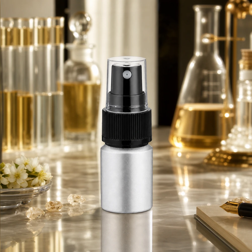 10 ml aluminium fles gebeitst incl. pompverstuiver zwart Praktisch aluminium flesje van 10 ml met zwart spuitopzetstuk voor doe-het-zelfcosmetica en mengsels