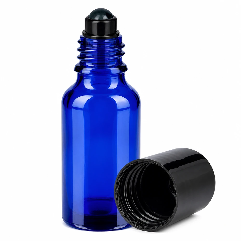 20ml flacon roll-on zwart STD BlueLine UT18/20 Professionele blauwe glazen fles 20ml met rollerbal voor mobiele aromazorg