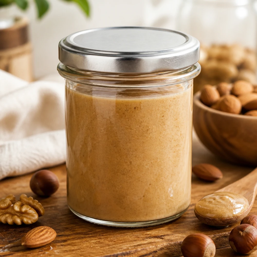 Doorzichtig glas van 214 ml met een zilveren BasicSeal-deksel voor veganistische notenpasta’s en broodbeleg