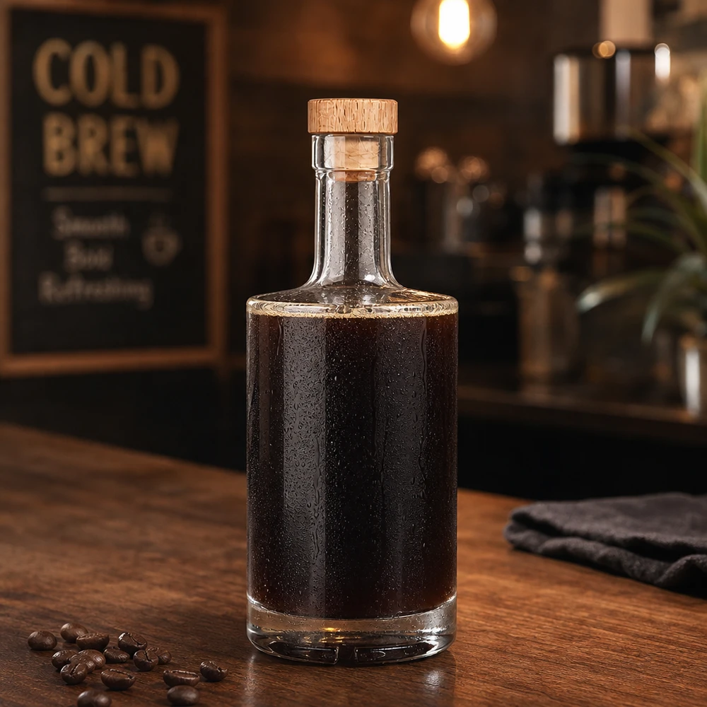 500ml glazen fles Nora gevuld met cold brew koffie houten kurk UNiTWIST koffiebonen barista sfeer rustiek