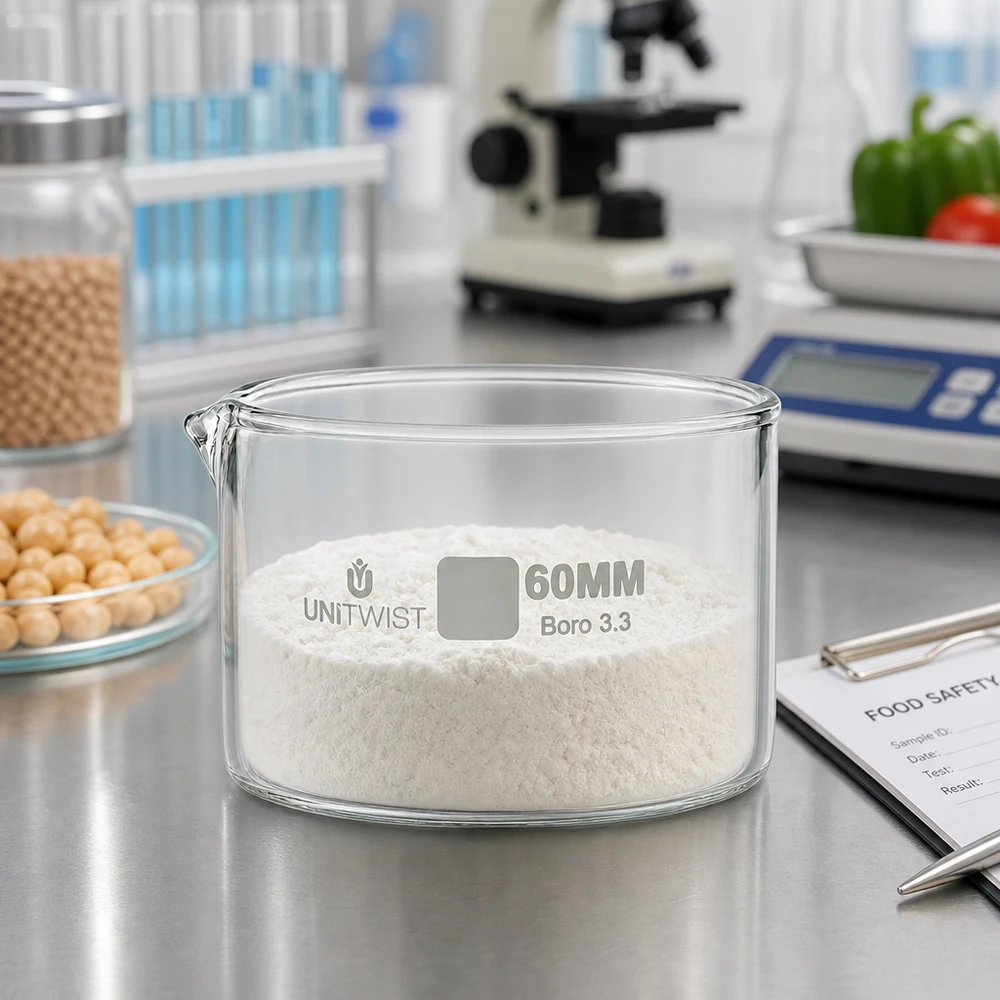 Kristalliseer schaal ø60mm borosilicaatglas UNiTWIST UNiTWIST-kristallisatieschaal van 60 mm voor voedselanalyse met kikkererwten en groenten
