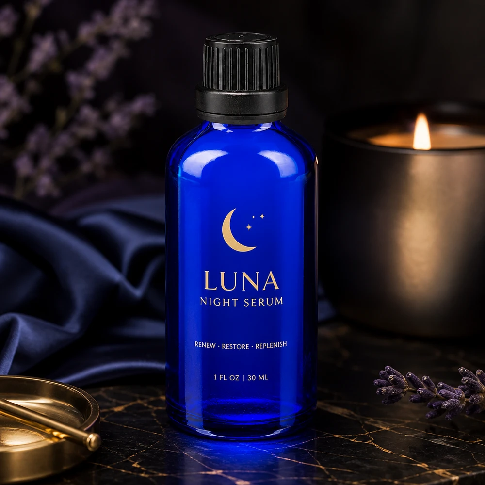 Blauwe druppelfles van 50 ml van apothekersglas met OV-sluiting van 11 mm in een mystieke sfeer