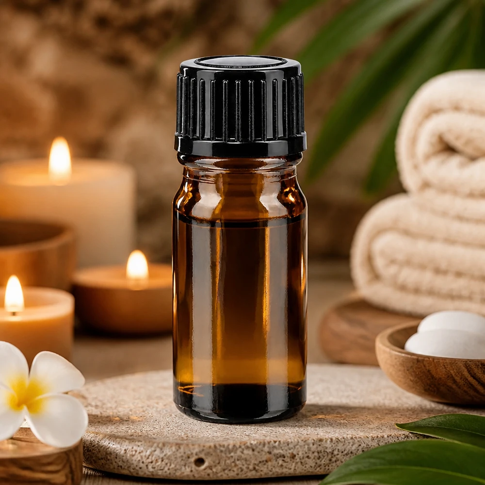 Bruine glazen fles 5ml met zwart schroefsluiting St Apothekersflesje van bruin glas, 5 ml, met zwarte standaarddop, omringd door kaarsen en wellness-decoraties