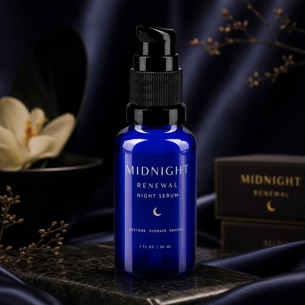 Blauwe glazen flessen 20ml met zwart pompsluiting Elegante blauwe serumfles van 30 ml, gemaakt van apothekersglas, met een zwarte pomp tegen een achtergrond met bloemmotief