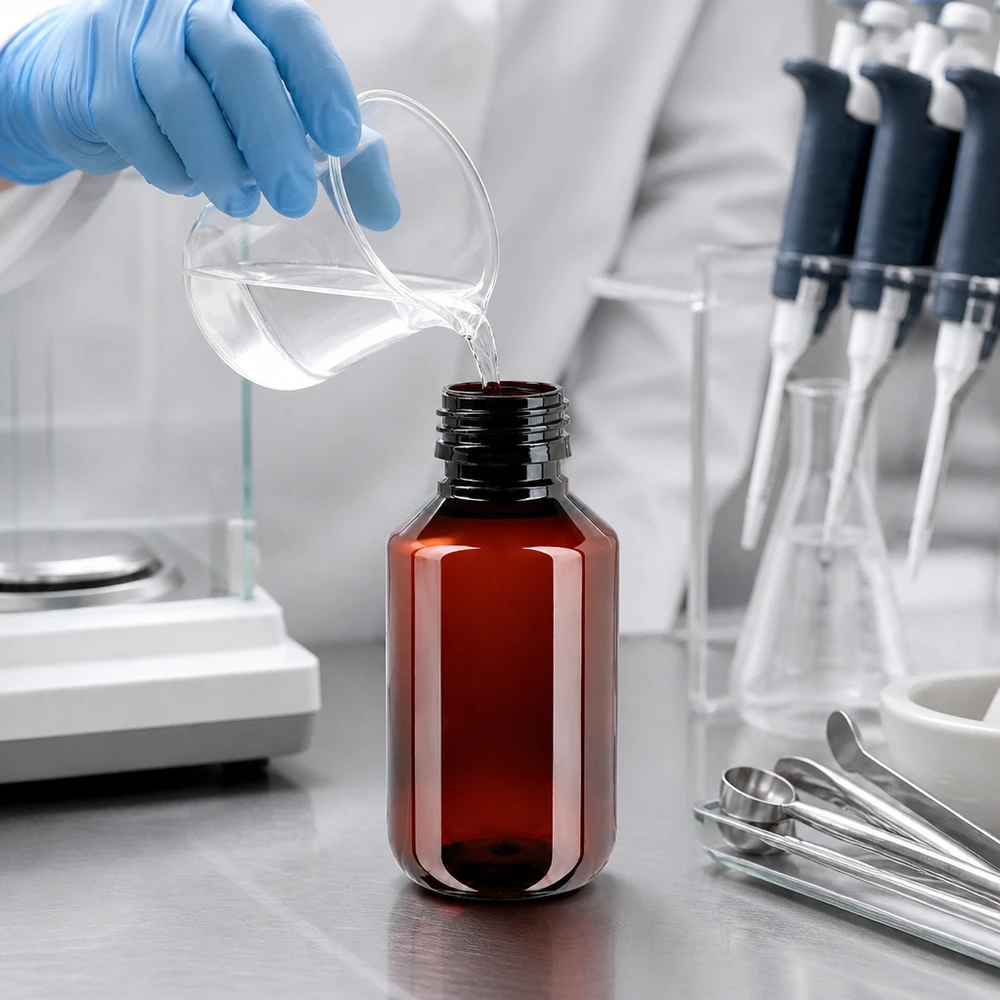 Handschoenen vullen een amberkleurige PET-fles van 100 ml in een farmaceutisch laboratorium met maatpipetten