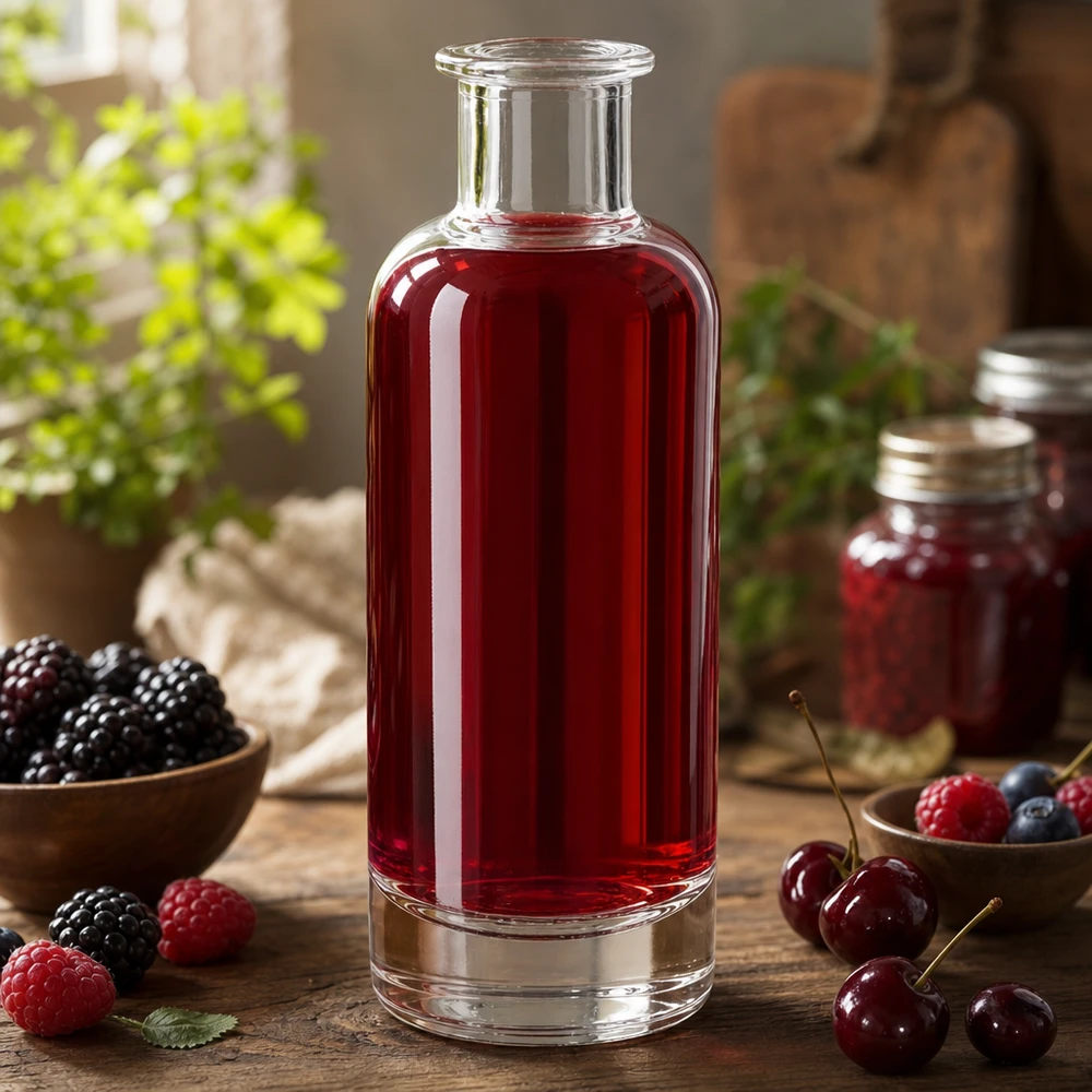 200 ml glazen fles Ella gevuld met rode bessensap omringd door verse bessen toont natuurlijke toepassing