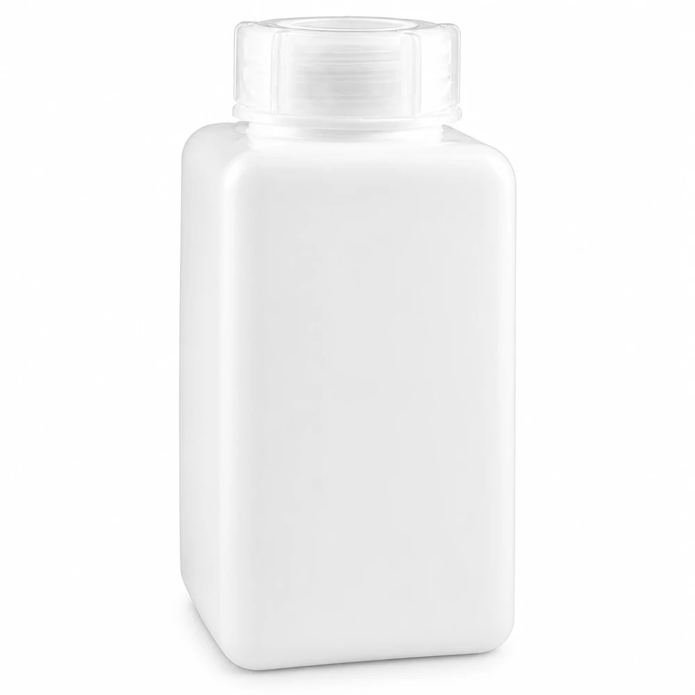 Chemicaliënfles 1500 ml, wijde hals, incl. sluiting GL 65 Grote chemische fles van 1,5 liter, PE-HD, hoekig, naturel, met wijde halssluiting