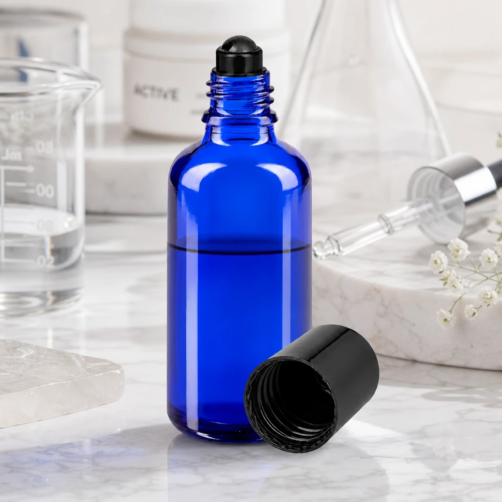 Glas deostick fles blauw 50ml, lege deo roller (Roll On) Blauw glazen flesje van 50 ml, roll-on-uitvoering met verwijderde zwarte dop, laboratoriumomgeving