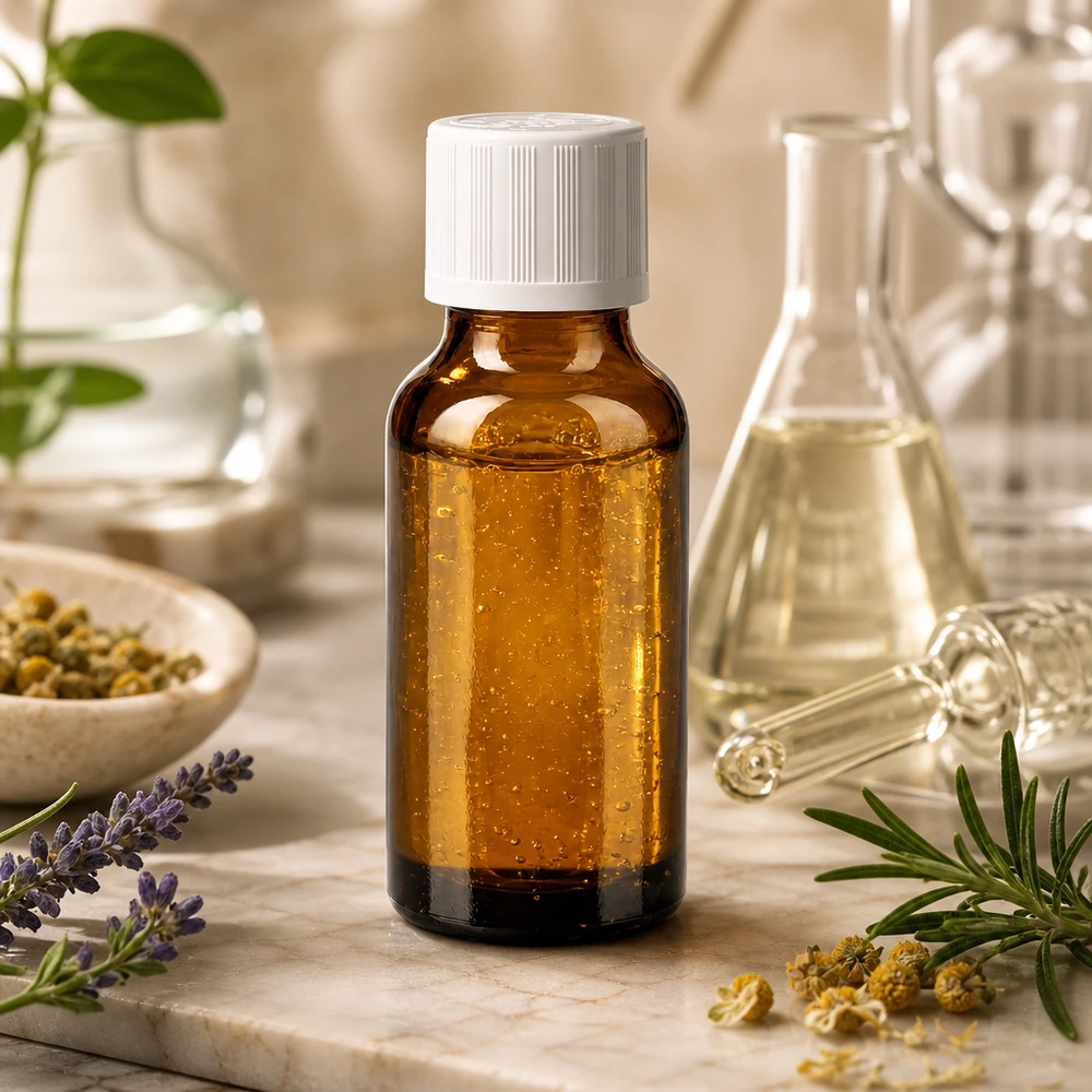 Bruinglasflesje van 20 ml met witte kindveilige dop voor natuurlijke extracten, tincturen en plantenextracten