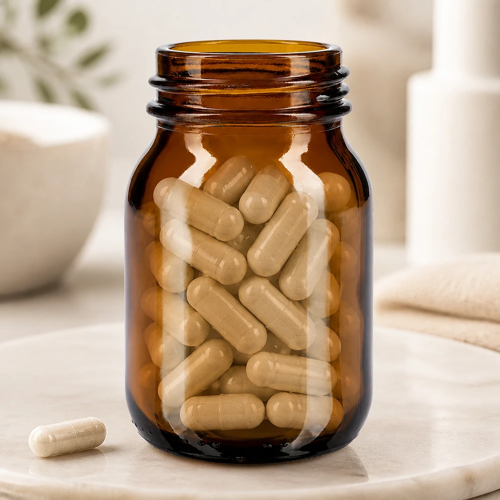 Compacte amberkleurige glazen wijdhalsfles van 75 ml met praktische DIN 40-opening voor voedingssupplementen