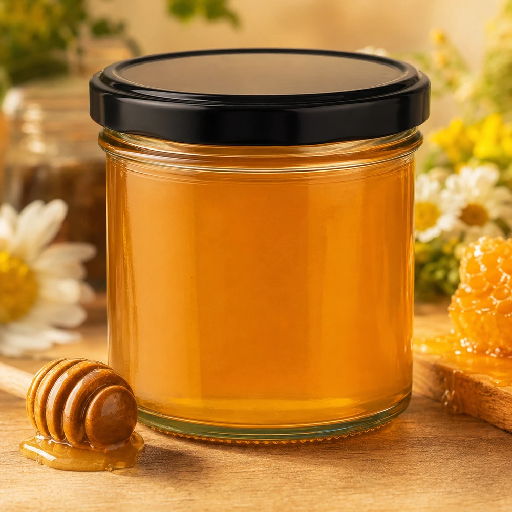 125ml bekers met zwart deksel gevuld met gouden honinglepel honingraat natuurlijke decoratie