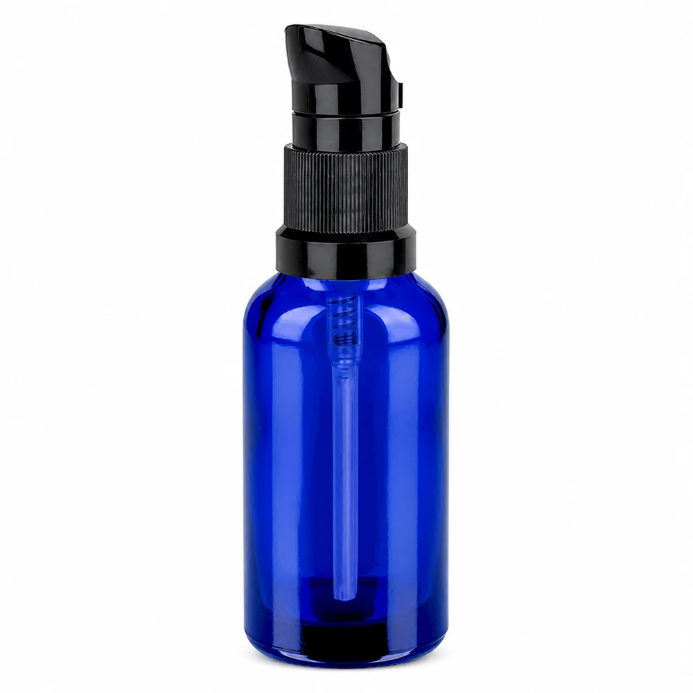 30ml pompflacon zwart STD BlueLine UT18/30 Klein 30ml flesje met pompmechanisme in blauwzwart, ideaal voor op reis en onderweg