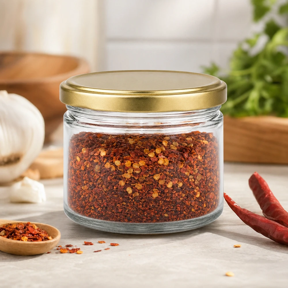 700g BasicSeal honingpot met gouden deksel gevuld met chilikruidenmix naast gedroogde chilipepers