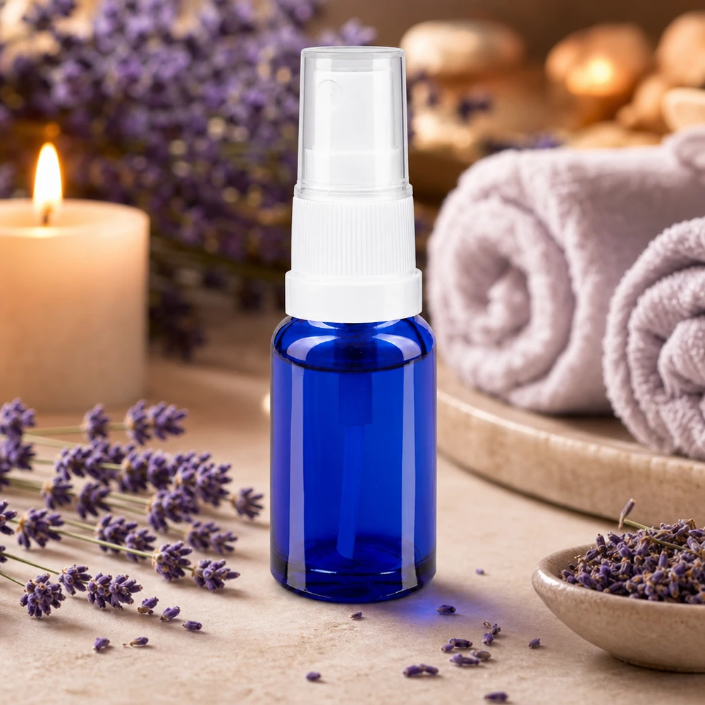 Handig spuitflesje van 10 ml in reisformaat, gemaakt van blauw veiligheidsglas met een witte standaardverstuiver