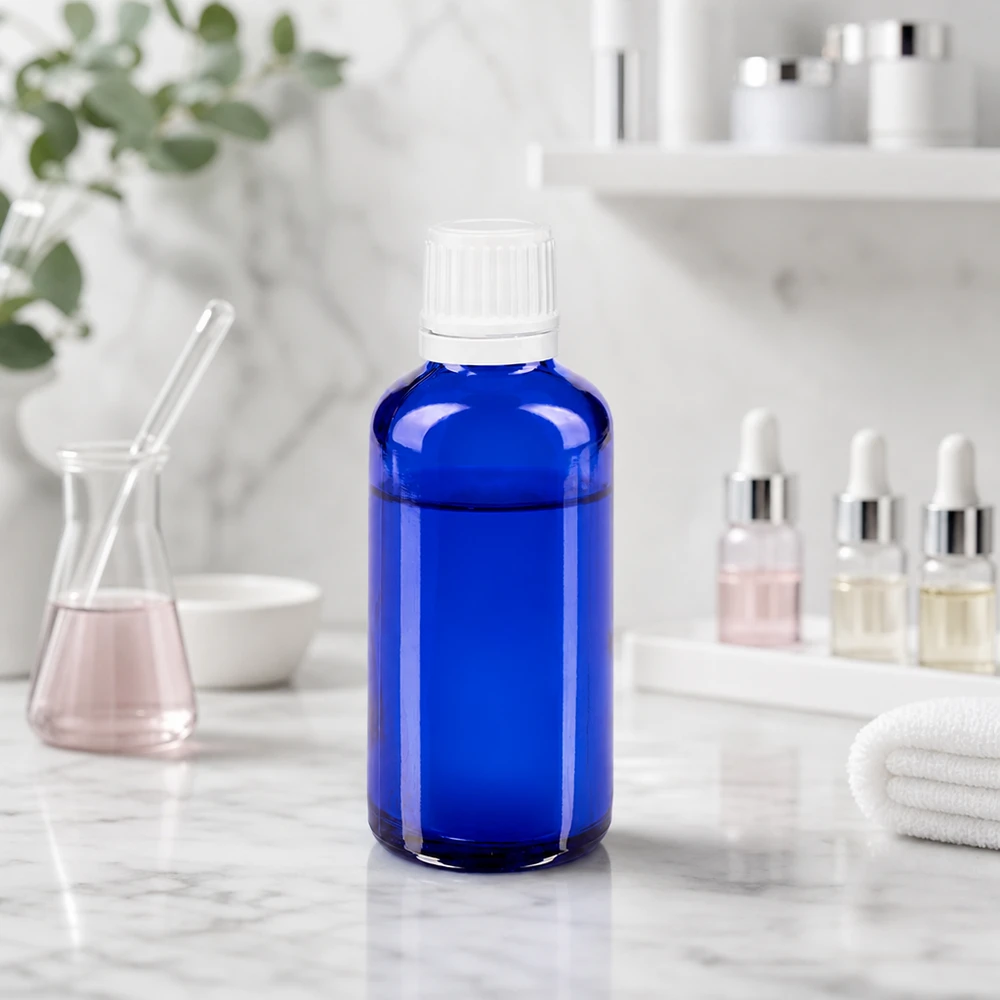 Blauwe glazen fles met UV-bescherming van 50 ml en originaliteitssluiting, uit de serie druppelflesjes