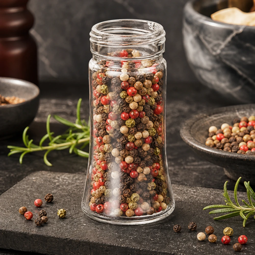 Specerijenglas, trapezevorm 95 ml met 41 mm schroefdraad, helder glas, zonder sluiting Doorzichtige glazen pot Bobby van 95 ml, gevuld met rode, zwarte en witte peper
