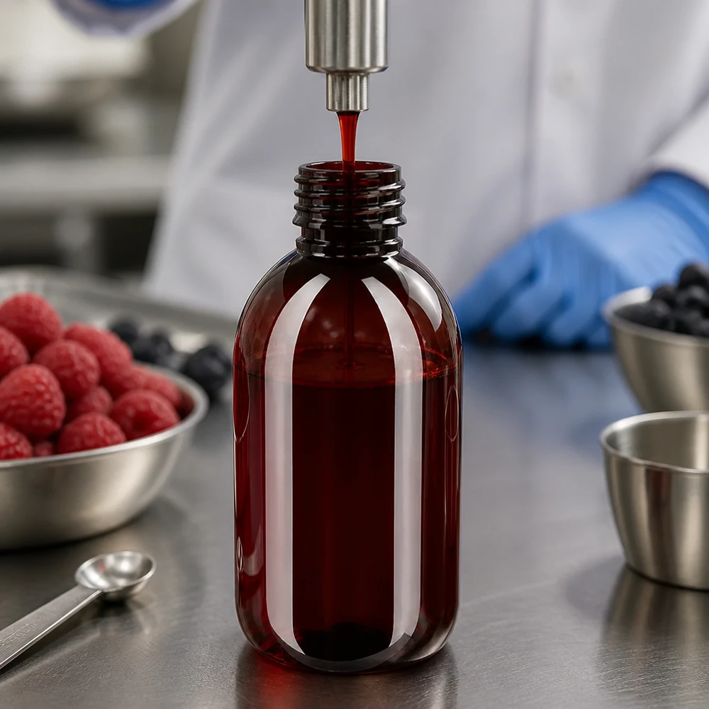 PET-fles zonder dop, 250 ml, bruin, tijdens het machinaal afvullen in een cleanroom