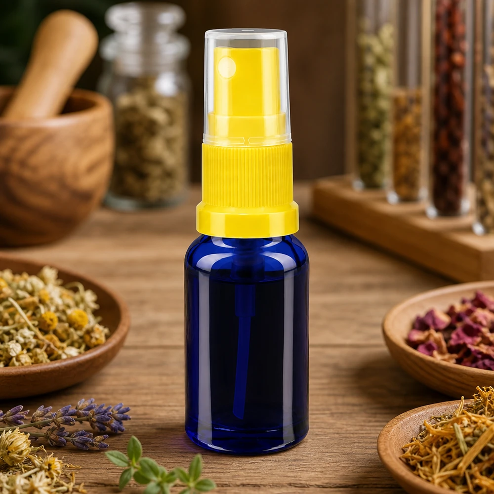 Blauwe glazen flessen 10ml met geel pompverstuiver 10 ml blauw glazen flesje STD met gele fijne verstuiver voor een nauwkeurige dosering van plantenvocht