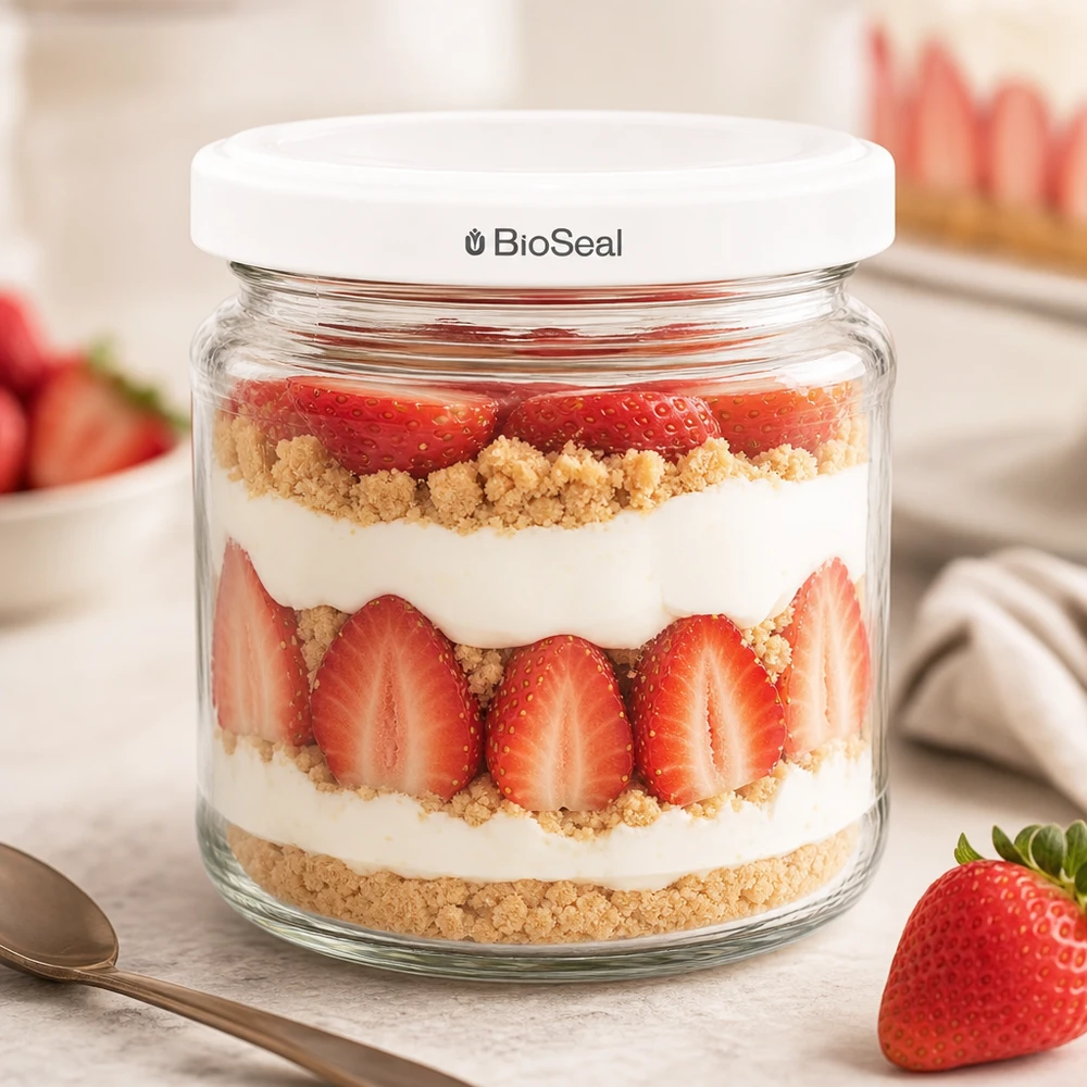 UNiTWIST Runda212 dessertpot met aardbeien, room en crumble demonstreert de veelzijdigheid van het TO66 BioSeal deksel