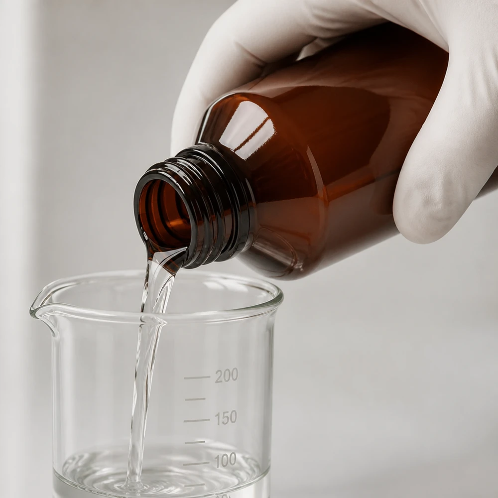 Präzises Ausgießen aus 200ml Kunststoff Pharmaflasche braun amber in Messgefäß Labor