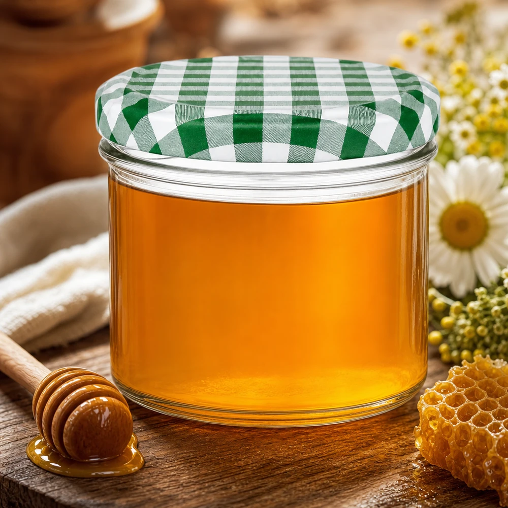 bekers van 225 ml met een groen-wit geblokt deksel gevuld met gouden honing, naast een honinglepel en een stukje honingraat
