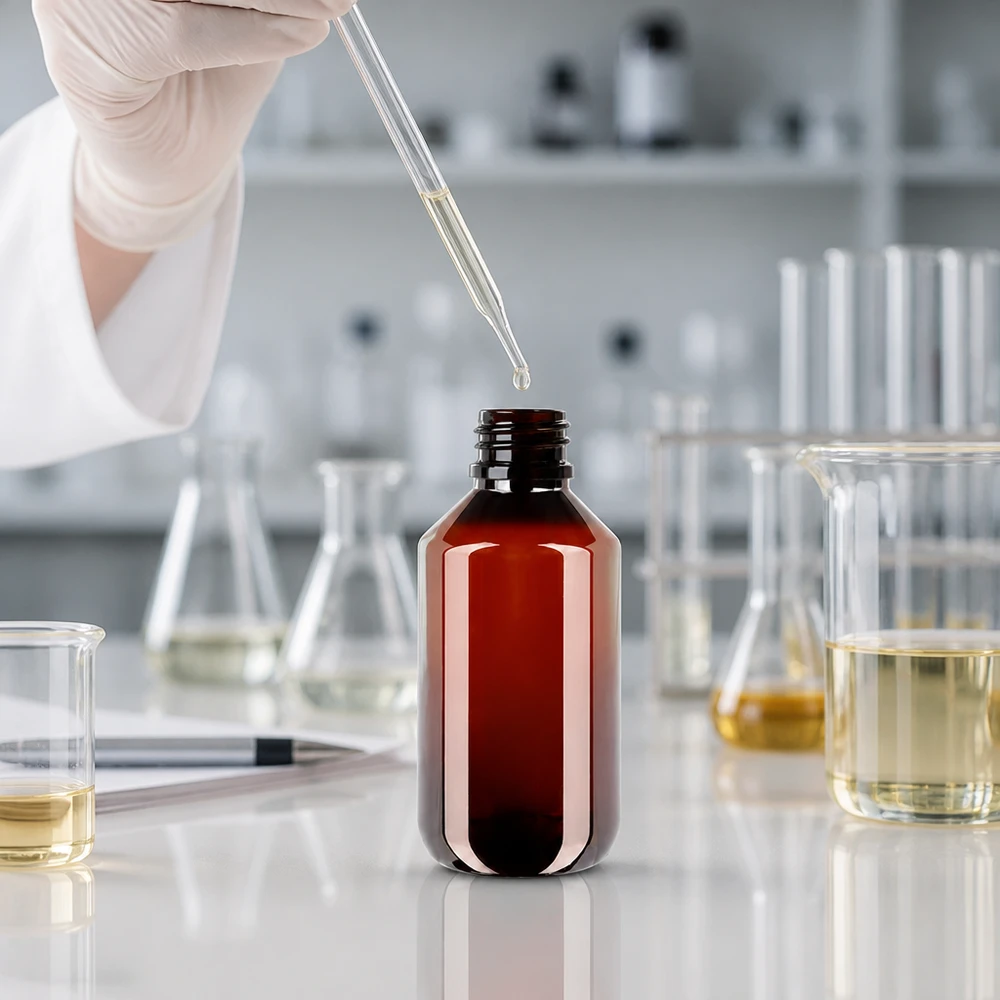 Compacte bruine doseerfles van 200 ml, gemaakt van PET, met een fraudebestendige, geribbelde witte dop