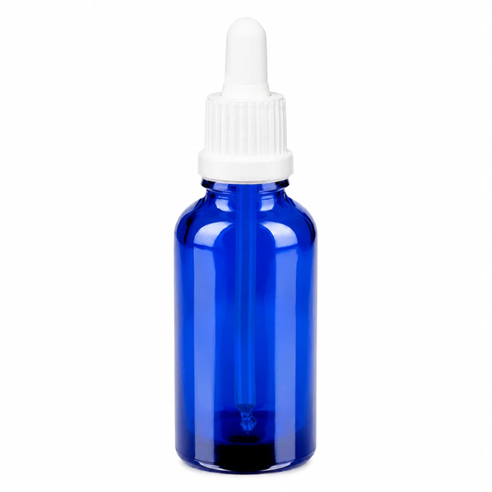30ml pipetfles wit OV BlueLine UT18/30 Blauwe glazen fles van 30 ml met witte pipetdop BlueLine serie voor vloeistoffen