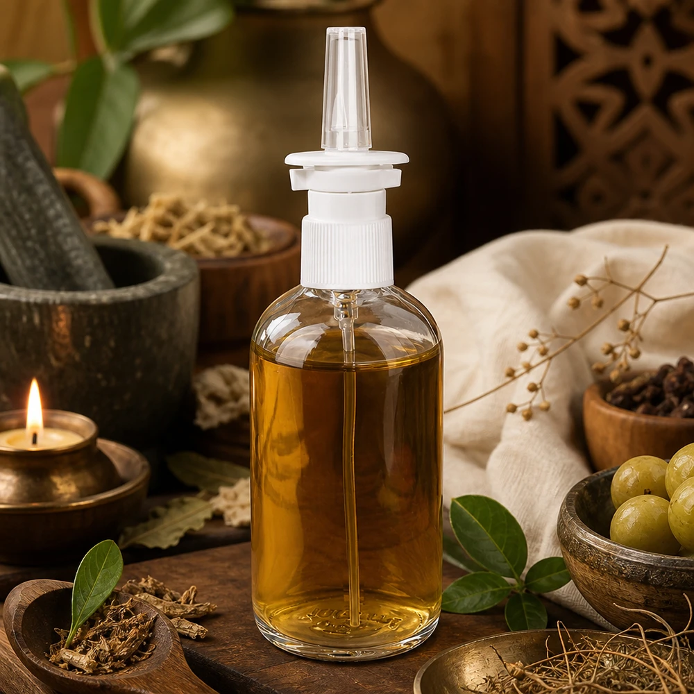 Doorzichtige ClearLine-neussprayfles van 100 ml met kruiden, olijven en een kaars in een ayurvedische sfeer