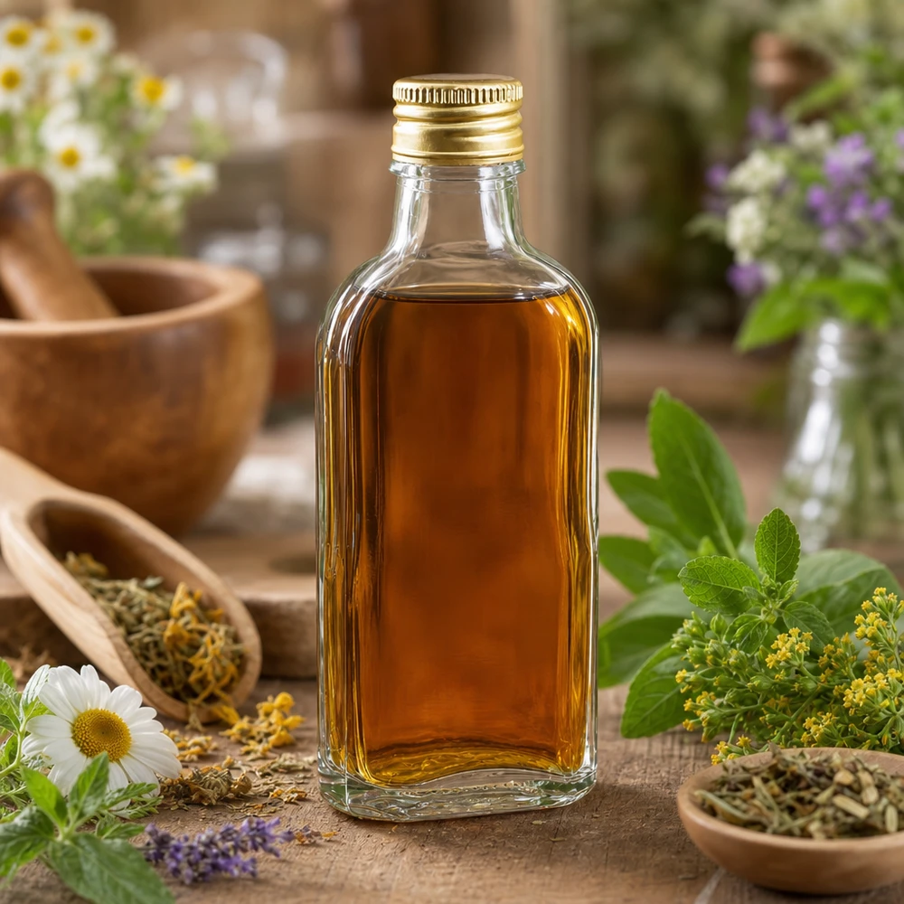 Flesje van 100 ml van Meplat, type PP22, met gouden dop, op een houten tafel met kruideningrediënten voor natuurlijke geneesmiddelen