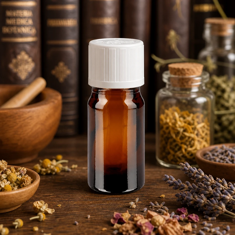 Apothekersflesje van bruin glas, 5 ml, met witte dop en kinderveilige sluiting, voor natuurgeneeskunde