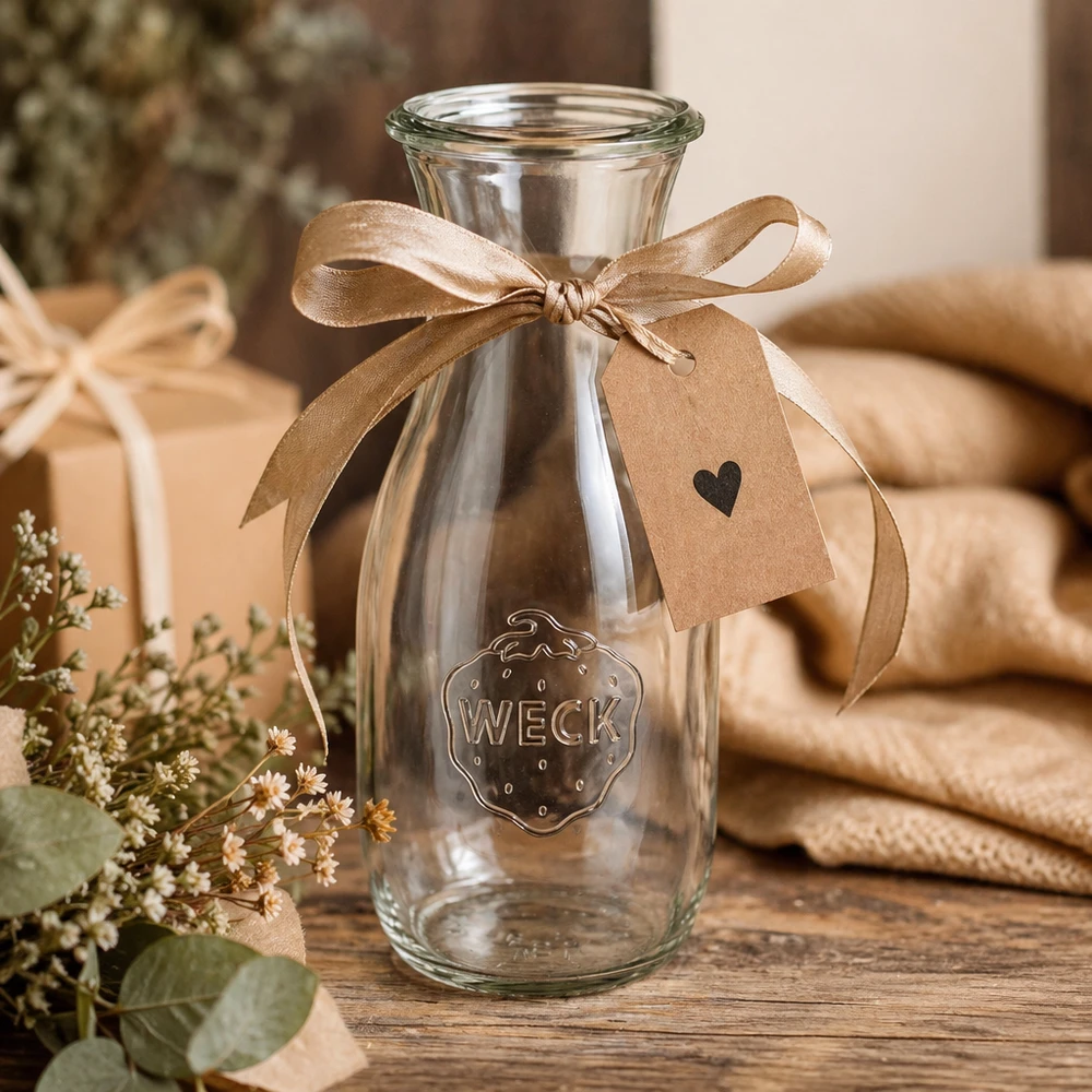 WECK glazen fles 530ml RR60 decoratief met bruine strik en cadeaulabel op houten tafel met bloemen
