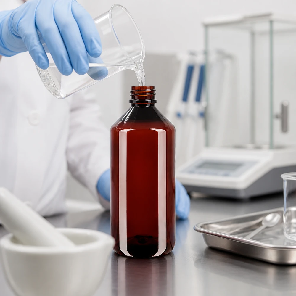 1000 ml PET medicijnfles met verstuiver zwart GCMI 28/410 incl. dop transparant, standaard Het nauwkeurig afvullen van een oplossing in een amberkleurige PET-fles met beschermende handschoenen aan