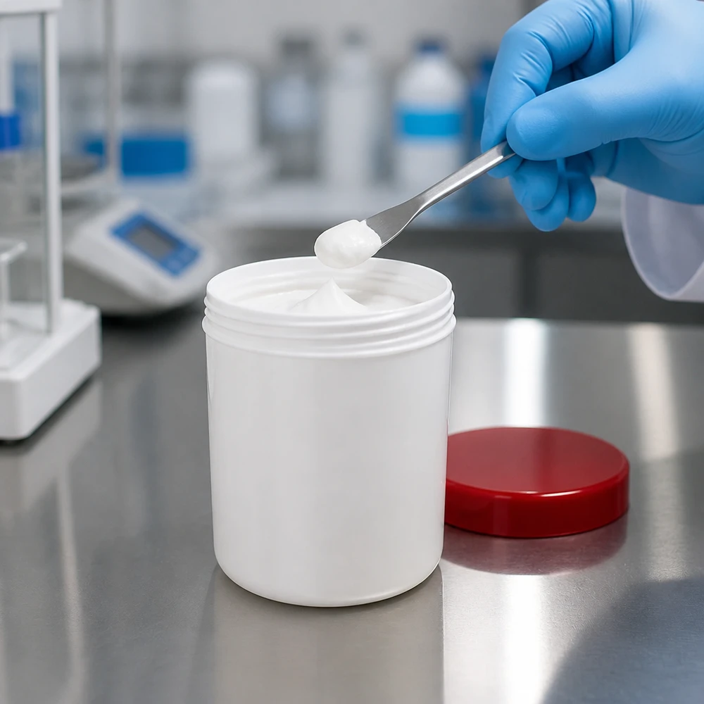 Zalfpot 150 g wit met rood schroefdeksel (PP) Laboratoriummedewerkers nemen zalf uit een witte pot van 150 g met een rode PP-schroefdop