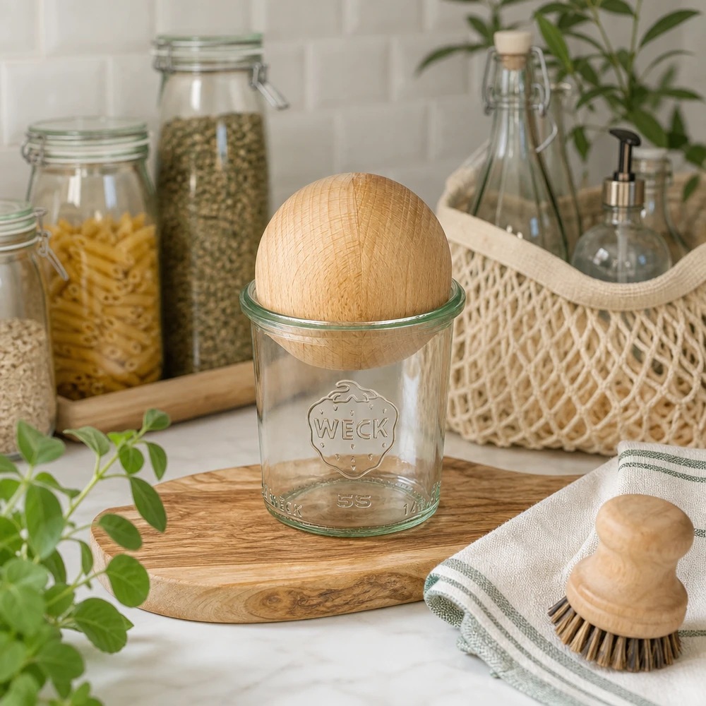 WECK bekers 140ml RR60 met houten bal van beukenhout in duurzame keuken, omringd door voorraadpotten en natuurlijke mate