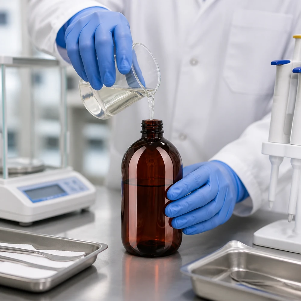 250 ml PET medicijnfles met wit dispenserpomp, standaard Sterile Abfüllung einer transparenten Lösung in braune 250ml PET Flasche im Reinraumlabor
