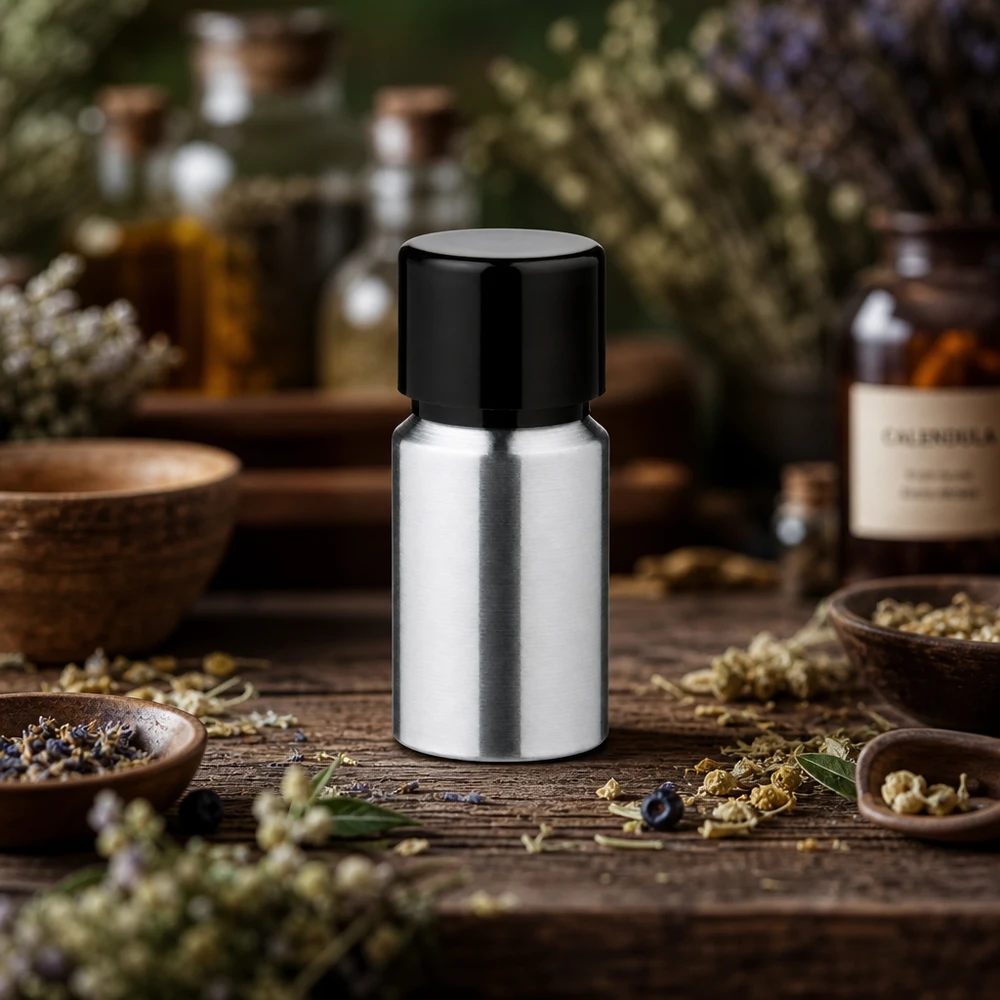 10 ml aluminium fles geslepen incl. schroefdop zwart met conusafdichting Navulbaar aluminium flesje van 10 ml gemaakt van recyclebaar materiaal, milieuvriendelijk en duurzaam