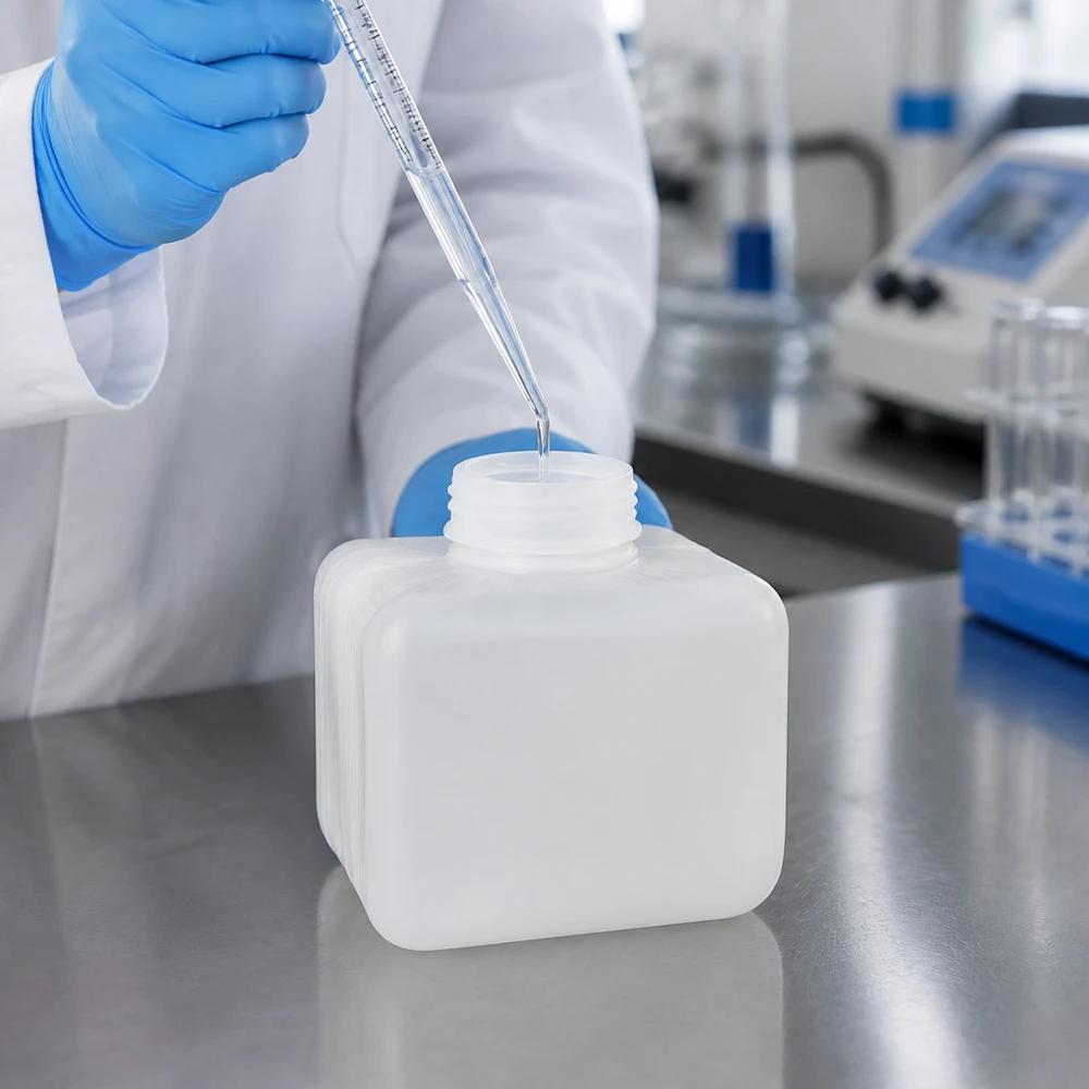 Chemicaliënfles 250 ml, nauwe hals, incl. sluiting GL 28 Vullen van een PE-HD-fles met smalle hals van 250 ml met een laboratoriumpipet op een roestvrijstalen tafel