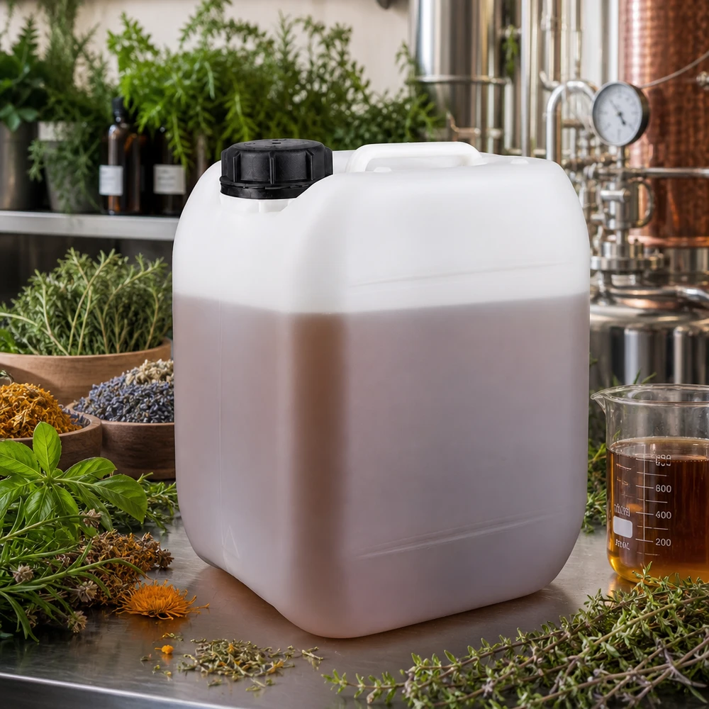 5l jerrycan, UN-toelating, met schroefsluiting Melkwitte schroefdopkan van 5 liter met draaggreep naast een bekerglas in het distillatielaboratorium