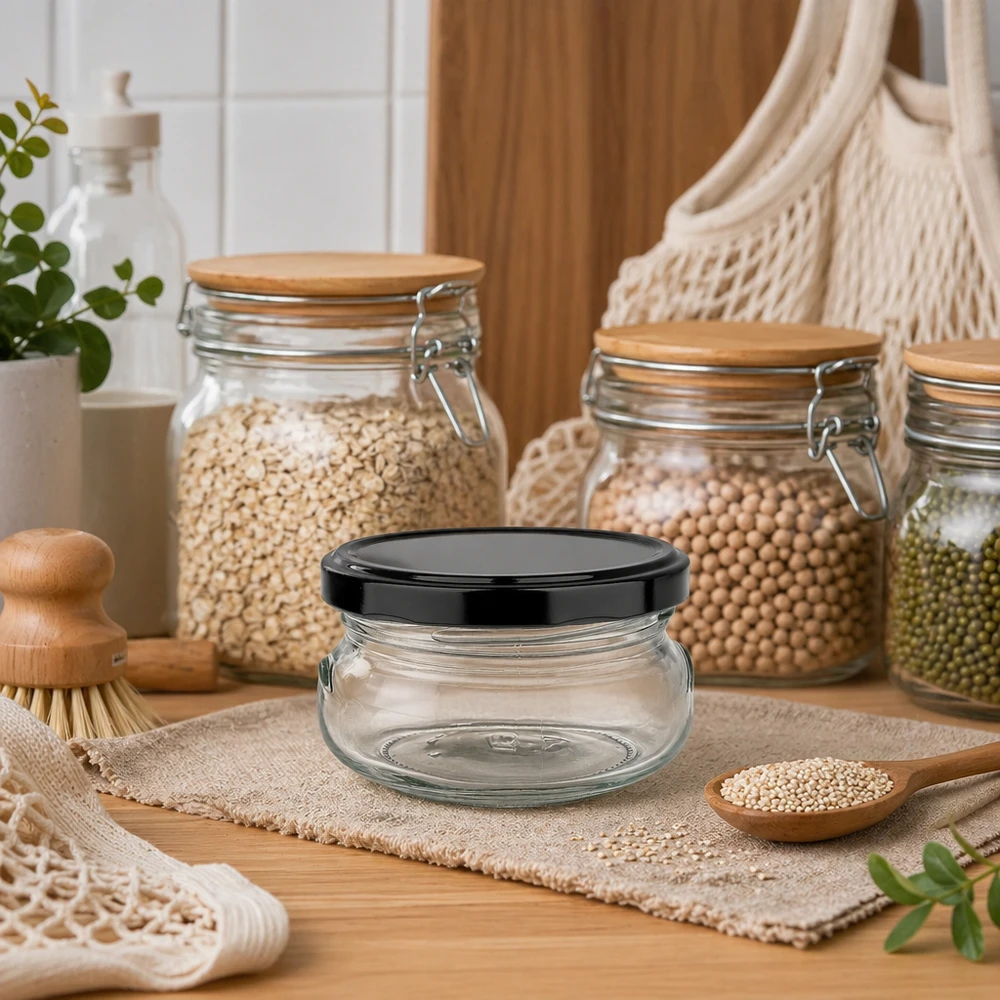 120ml terrine met BasicSeal deksel zwart UNiTWIST 120ml terrine potje met zwart deksel in duurzame keuken, omringd door voorraadpotten en natuurlijke materialen