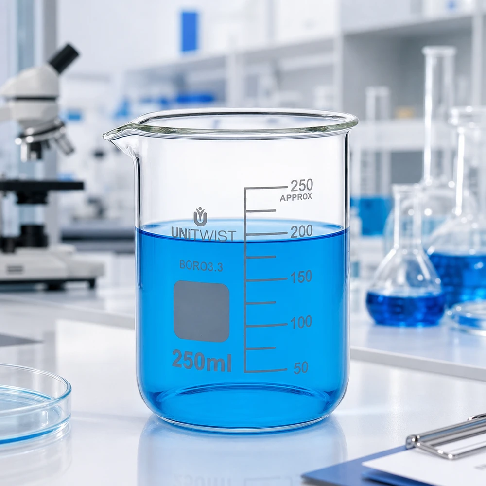 Beker 250ml borosilicaat, lage vorm UNiTWIST UNiTWIST 250 ml borosilicaatglasbeker, laag model met uitlopende tuit, voor laboratoria