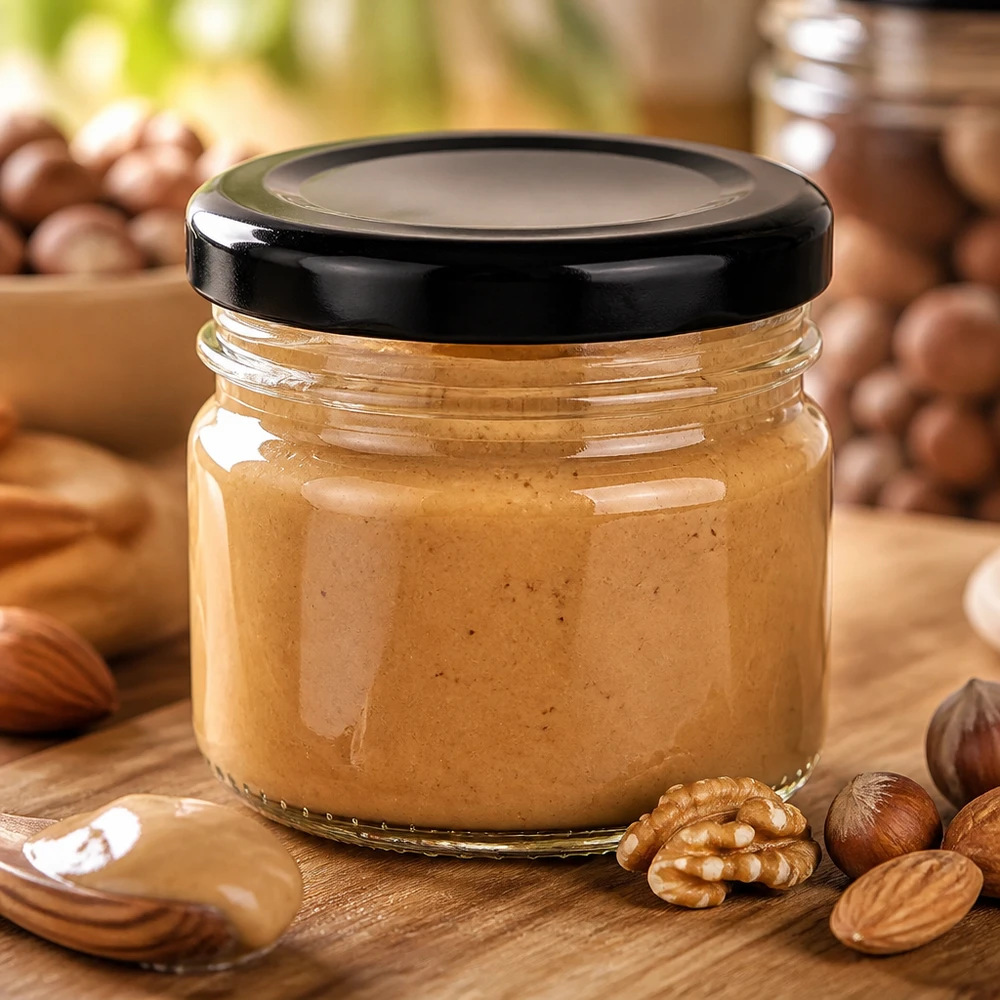 Zelfgemaakte notenpasta, verpakt in ronde glazen potjes van 33 ml met een zwarte BasicSeal-draaidop