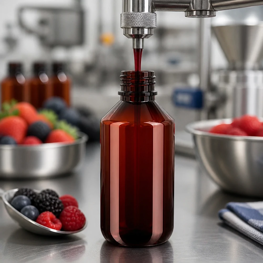 PET-fles 200ml met witte flip-top dop. Afvullen van bessensap in slanke bruine PET-flesjes van 200 ml met een precisietuit