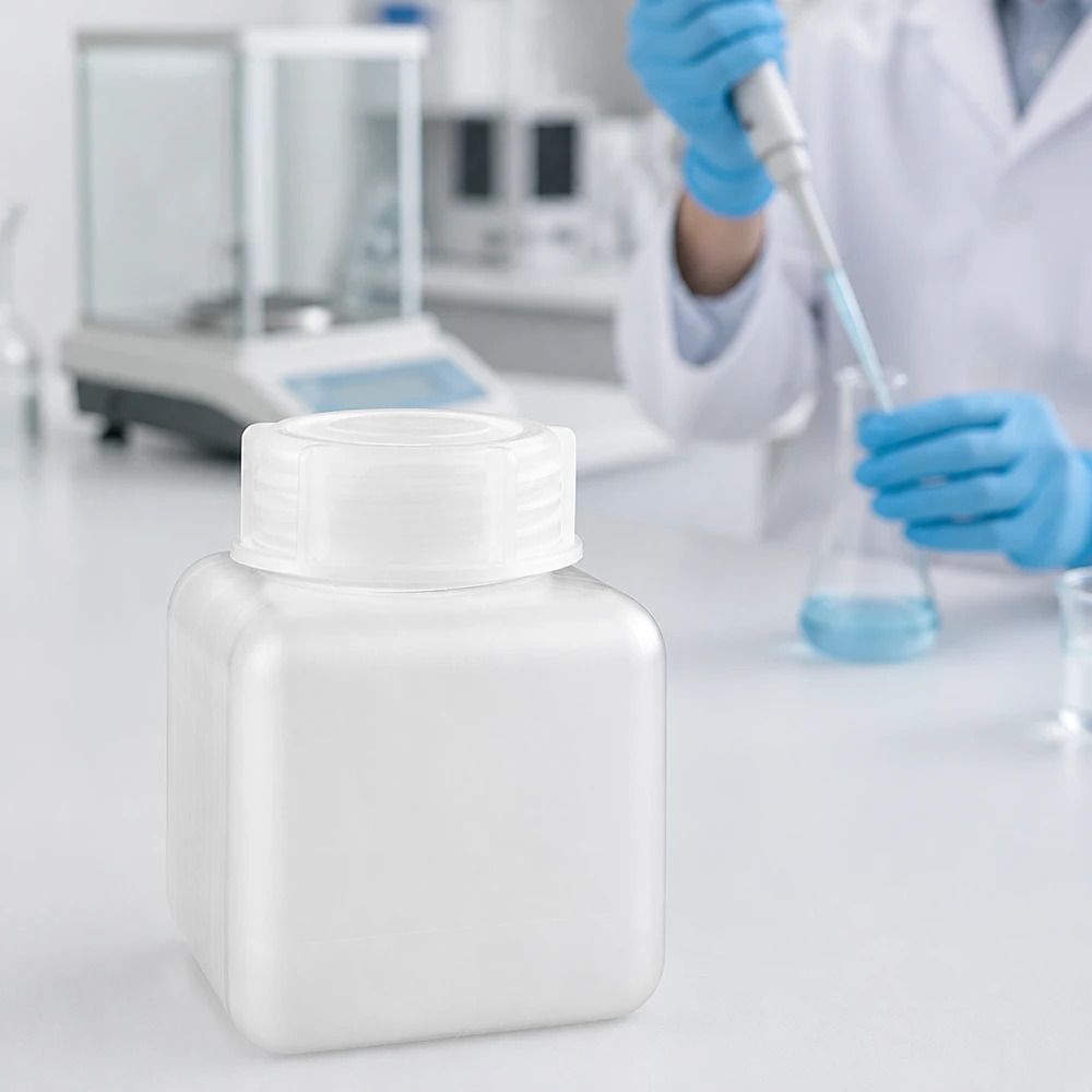 Chemicaliebestendige kunststof fles van 500 ml met brede hals, PE-HD, gemaakt van voedselveilig materiaal, naturel