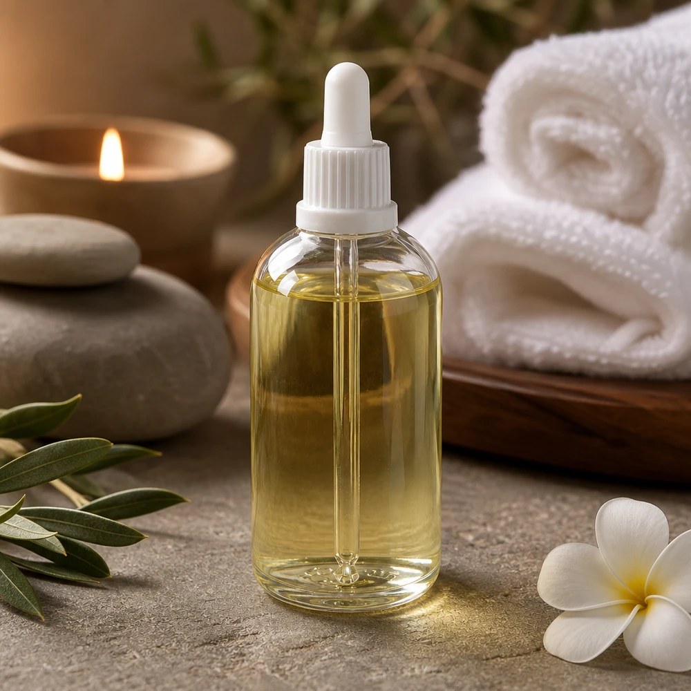 Kleine ClearLine-pipetfles van 100 ml, wit, met spa-accessoires: steentjes, kaars en bloem