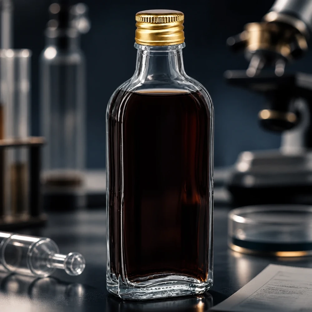 100 ml Meplat helder met aluminium dop goud PP22 Doorzichtige glazen fles van 100 ml, Meplat, met bruine vloeistof en een gouden aluminium deksel, PP22 laboratoriumhouder