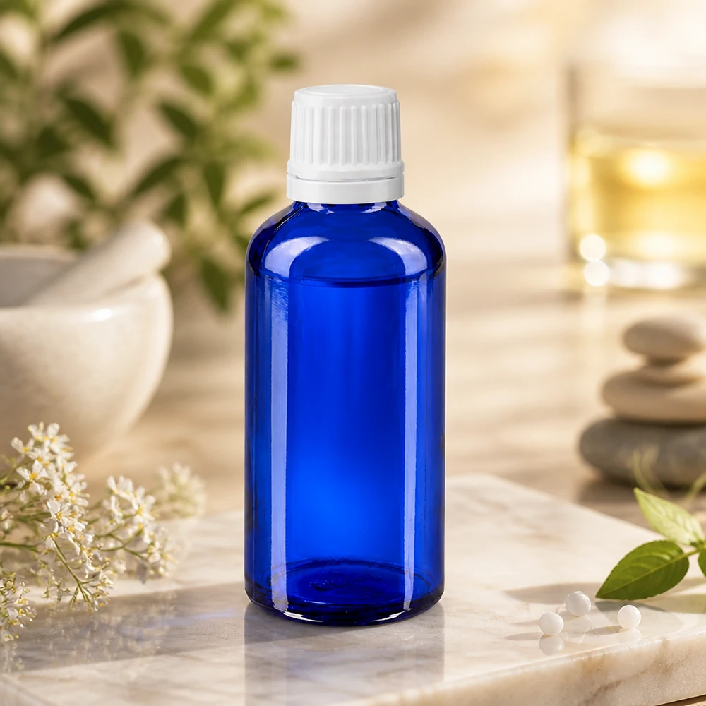 Blauwe apothekersfles van 50 ml met witte OV-sluiting, omringd door bloemen en kiezelstenen