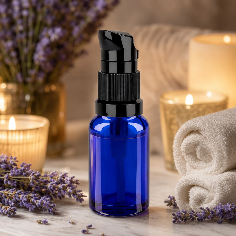 Elegant blauw pompflesje 10ml met matzwarte dop voor Beauty Routine STD BlueLine