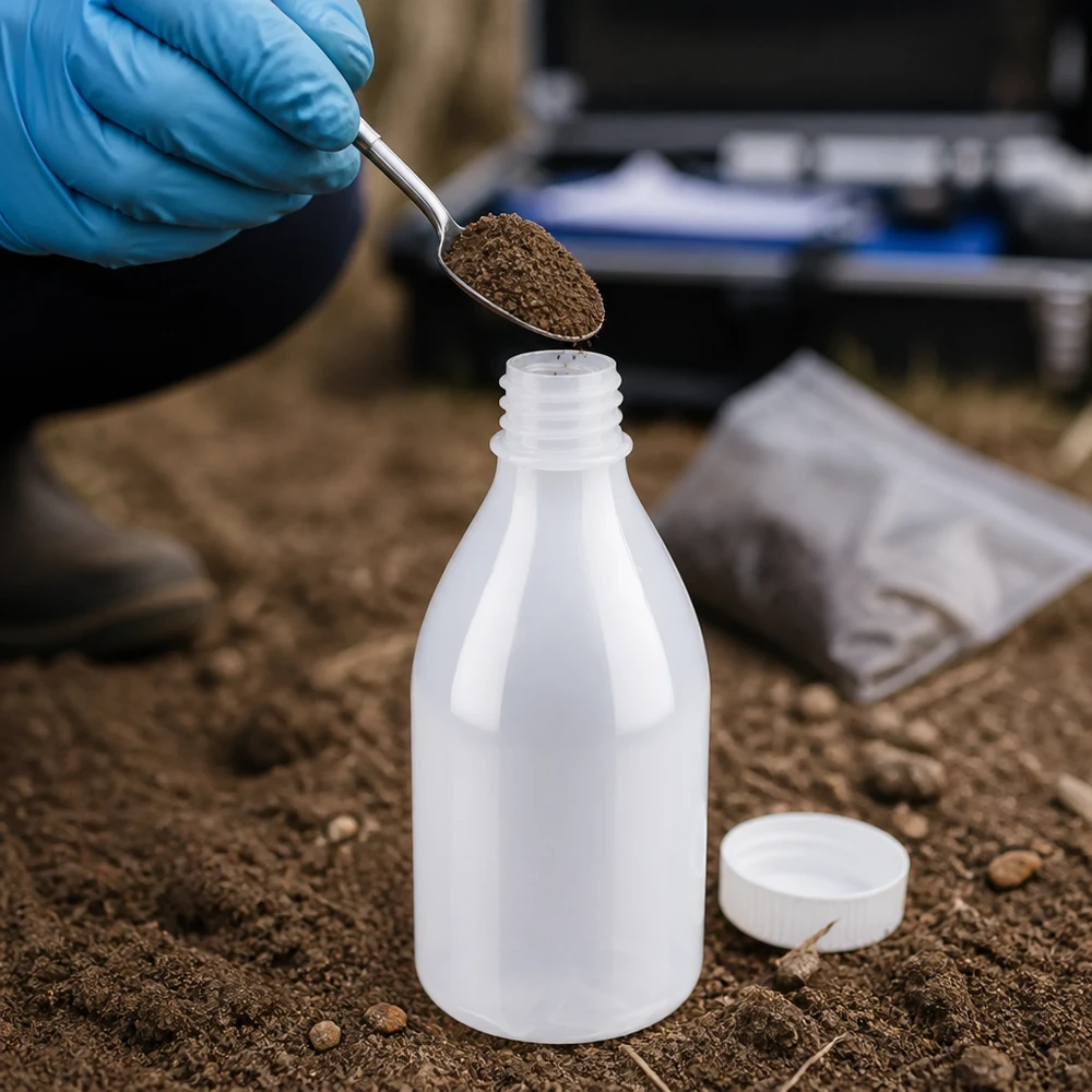 Milieutest met een laboratoriumfles van 100 ml met smalle hals, zonder deksel, en een monsterafnameset