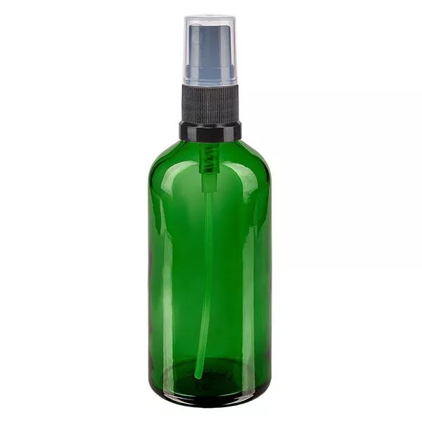 Groenen glazen flessen 100ml met zwart pompverstuiver