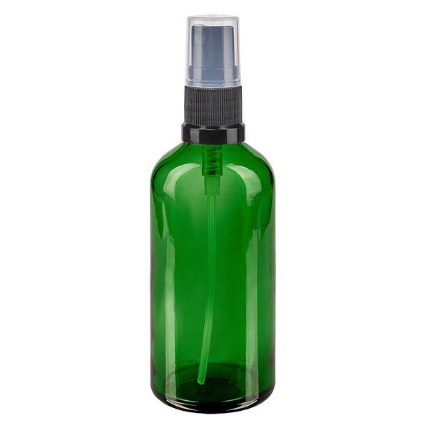 Groenen glazen flessen 100ml met zwart pompverstuiver Groenen glazen flessen 100ml met zwart pompverstuiver